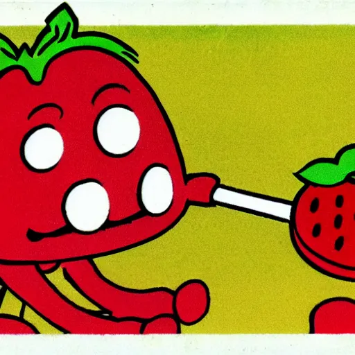 Prompt: a cartoon strawberry with big eyes, arms and legs and only two front teeth, drooling, holding a bright yellow tooth brush, in the style of little golden books