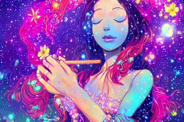 Prompt: psychedelic, whimsical, anime, 4k, beautiful lusty woman smoking weed, with professional makeup, long trippy hair, a crystal and flower dress, sitting on a reflective pool, surrounded by gems, underneath the stars, rainbow fireflies, trending on patreon, deviantart, twitter, artstation, volumetric lighting, heavy contrast, art style of Greg Rutkowski and Miho Hirano and Ross Tran