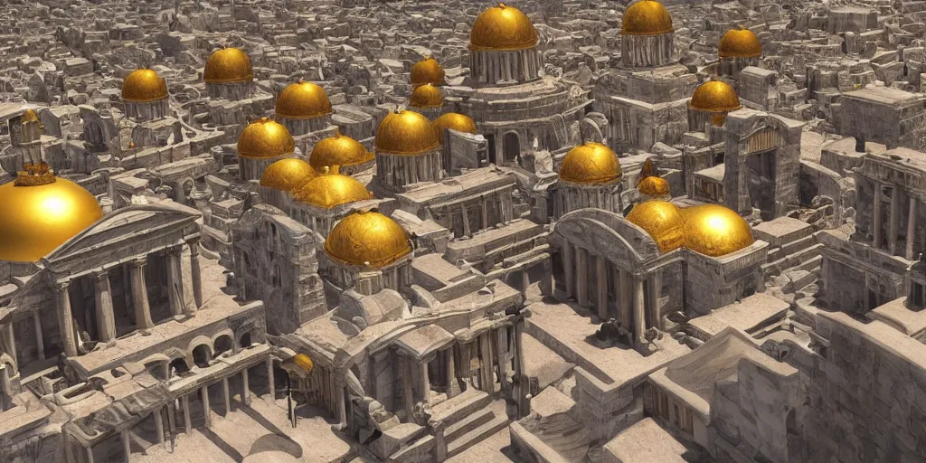 Prompt: greek skyscaper architecture city colored, material copper & gold, realistic fantasy render