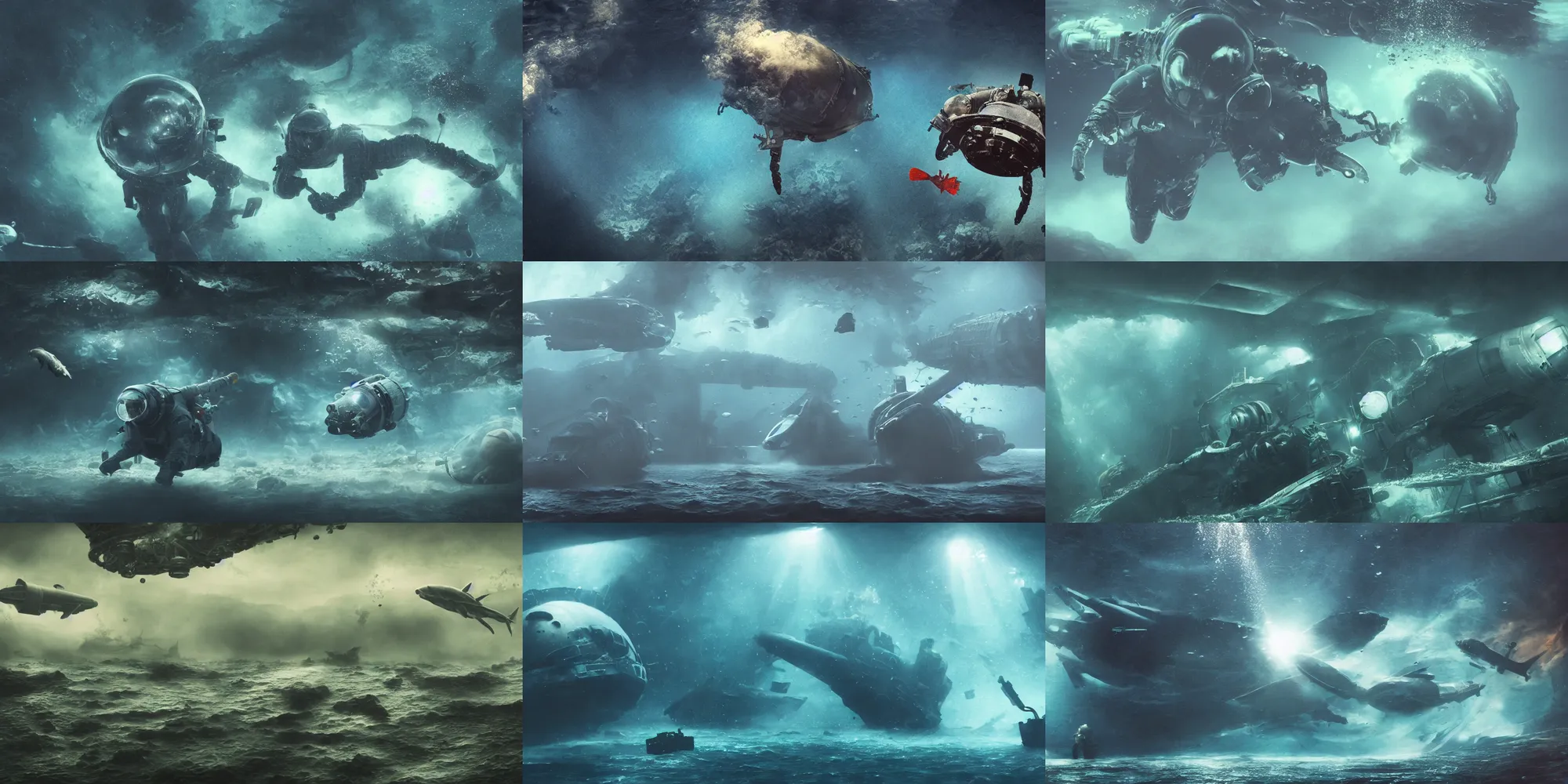 Prompt: astronaut underwater atlantis scene, air bubbles, crab made of smoke monster, attacked submarine in background, dark, concept art, cinematic, dramatic, atmospheric, peaceful, 8 k, blue, fish, low visibility, fog, ocean floor, by denis villeneuve