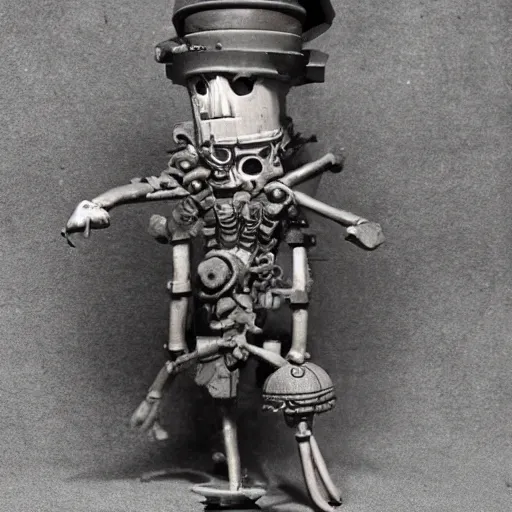 Prompt: a dnd gnome warforged, head in a tank, mechanical spider legs, steam punk style, 1920s photograph