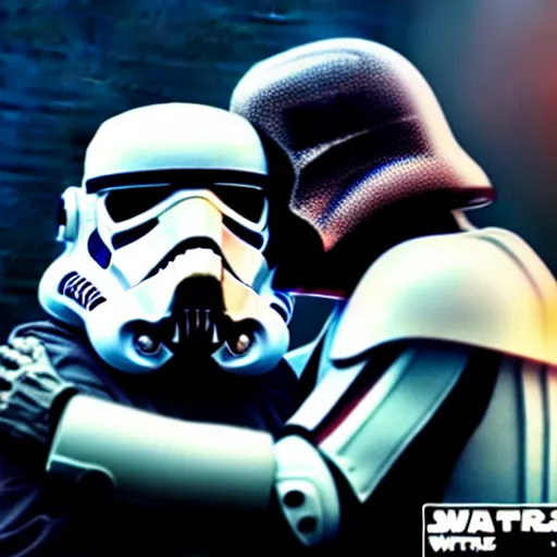 Image similar to stormtrooper hugging darth vader ultra realistic, lens flare, atmosphere, glow, detailed, intricate, full of colour, cinematic lighting, trending on artstation, 4 k, hyperrealistic, focused, extreme details, unreal engine 5, cinematic, masterpiece, ultra realistic, hyper realistic, highly detailed, sharp focus, digital art