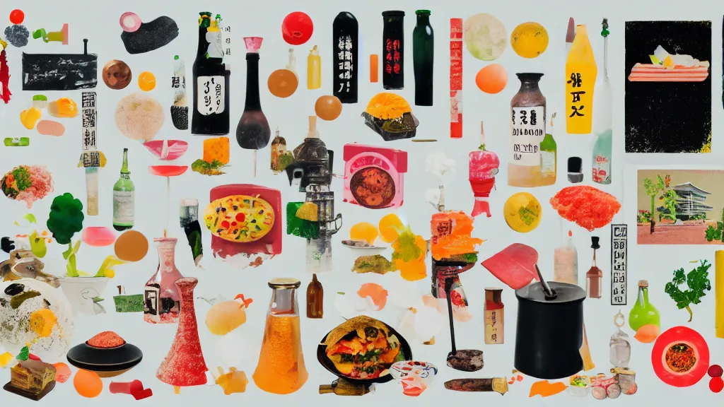 Image similar to an arrangement of foodie traveller props, japan, a collage painting, in the style of wes anderson, lola dupre, david hockney, isolated on negative white space background dark monochrome neon spraypaint accents volumetric octane render