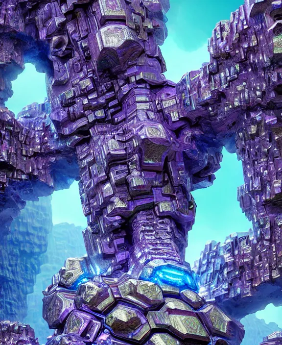 Prompt: concept art of giant fractal bismuth golem consists of bismuth geodes, fractalization, extremely high details, masterpiece, photorealistic, hyperrealism, vray, octane render, volumetric lighting, depth of field, bokeh, artstation, cgsociety by johannen voss, michael whelan, greg broadmore, frank frazetta