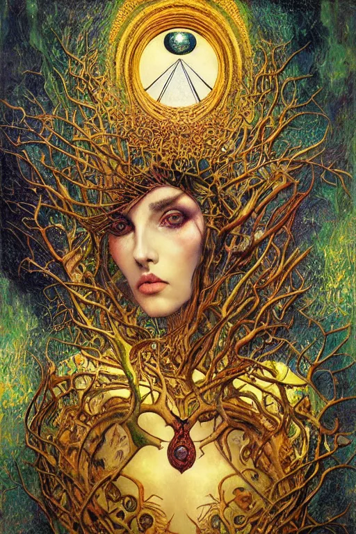 Image similar to Heart of Thorns by Karol Bak, Jean Deville, Gustav Klimt, and Vincent Van Gogh, Surreality, otherworldly, enigma, Helliquary, fractal structures, celestial, arcane, ornate gilded medieval icon, third eye, spirals, rich deep moody colors