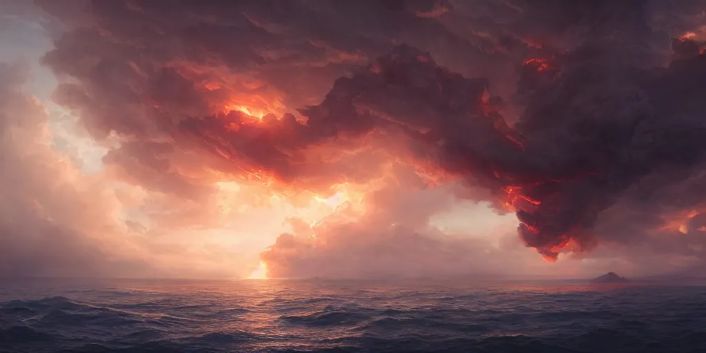 Image similar to matte painting,Epic scene, Fire Phoenix,sea,cloud,by greg rutkowski and Richard Lay,in volumetric lighting, Trending on artstation,HD