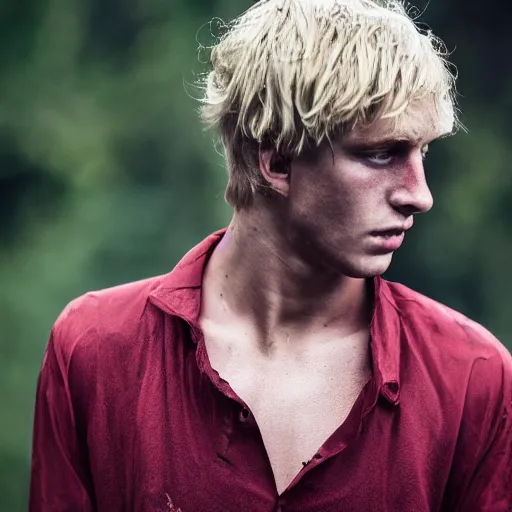 Prompt: sweaty young blond man wearing a soaked red shirt, his hair is wet and messed up, he is sad and lonely