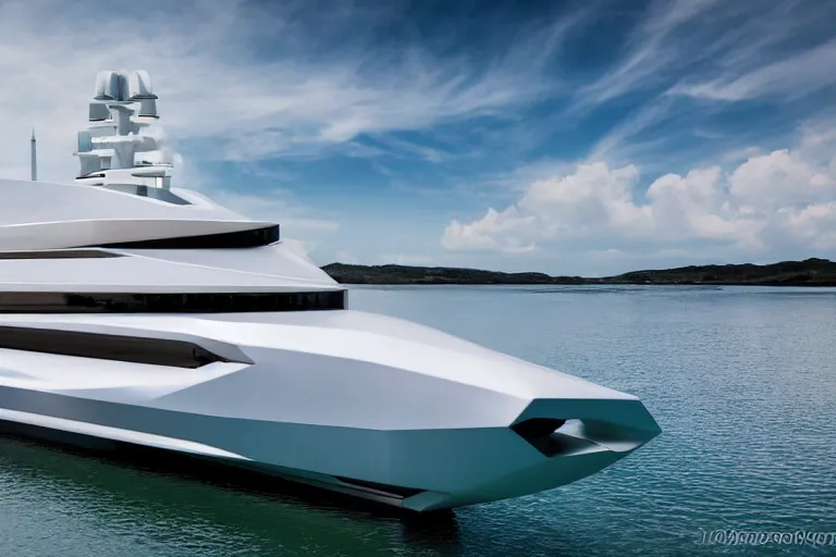 Image similar to futuristic yacht designed by Apple, XF IQ4, 150MP, 50mm, f/1.4, ISO 200, 1/160s, natural light, Adobe Photoshop, Adobe Lightroom, DxO Photolab, Corel PaintShop Pro, rule of thirds, symmetrical balance, depth layering, polarizing filter, Sense of Depth, AI enhanced