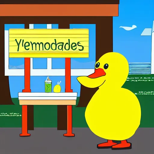 Image similar to a yellow human sized duck standing next to a lemonade stand, cartoon, high resolution