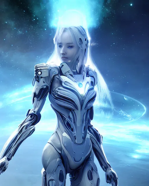 Image similar to photo of a android girl on a mothership, warframe armor, beautiful face, scifi, nebula, futuristic background, galaxy, raytracing, dreamy, focused, sparks of light, pure, long white hair, blue cyborg eyes, glowing, 8 k high definition, insanely detailed, intricate, innocent, art by akihiko yoshida, li zixin, woo kim