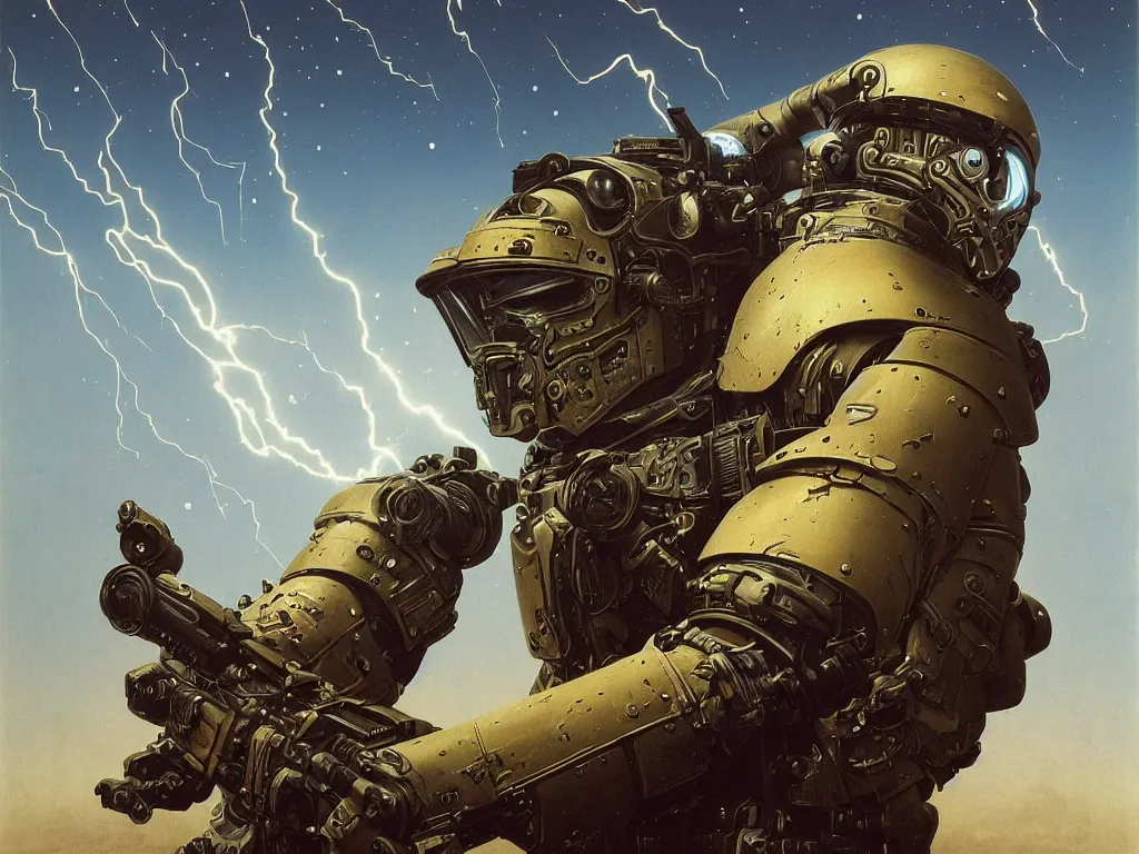 Image similar to a detailed portrait painting of a bounty hunter in combat armour and visor. cinematic sci-fi poster. Flight suit, accurate anatomy portrait symmetrical and science fiction theme with lightning, aurora. lighting. clouds and stars. Futurism by beksinski carl spitzweg moebius and tuomas korpi. baroque elements. baroque element. intricate artwork by caravaggio. Oil painting. Trending on artstation. 8k