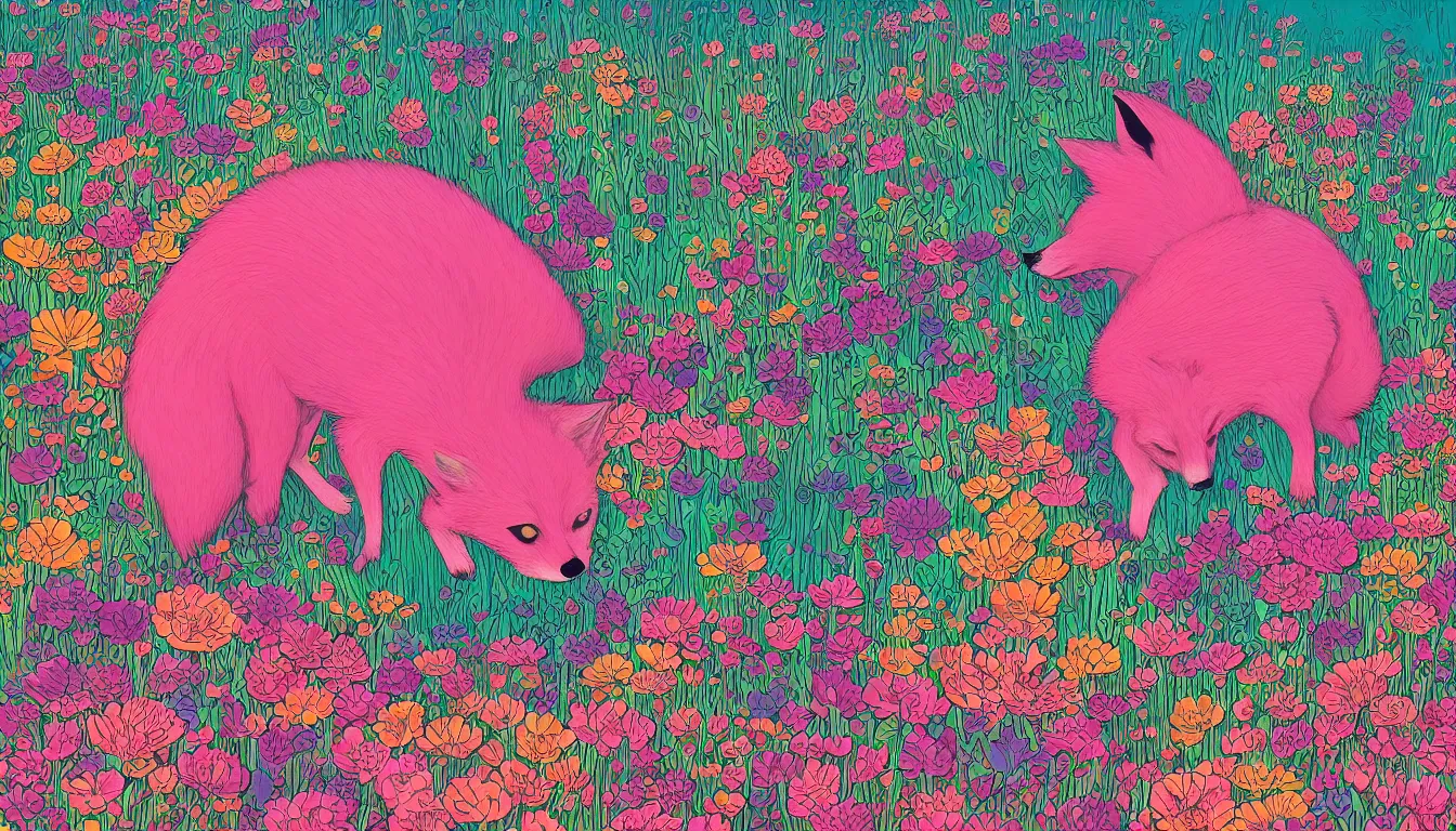 Image similar to pink fox head popping out of a field of multi colored flowers by kilian eng, victo ngai, josan gonzalez