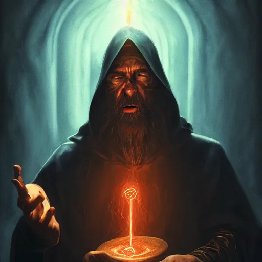 Image similar to a beautiful panting of a dark wizard casting a spell, alchemist lab, hyperrealistic, cinematic atmosphere, epic, artstation, moebius