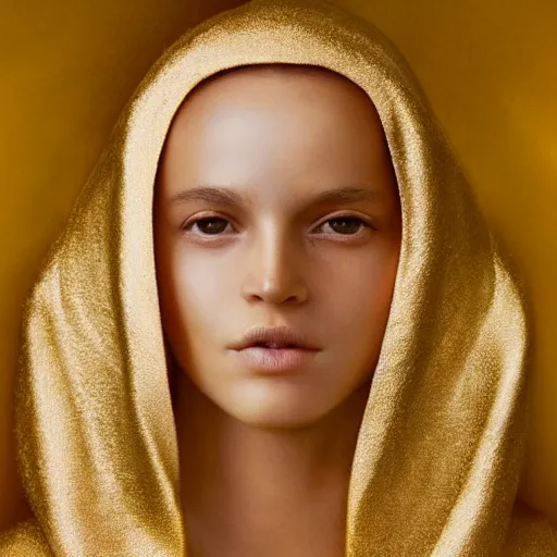 Image similar to a beautiful photographic shot of saga gold saint of gemini, beautiful natural light failling on her face, by annie leibowitz