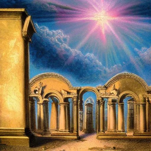 Prompt: heaven pink, punk, engraving, punk rock, lots of roman arches, sun, joy, clouds, sky, volumetric light, detailed, romanticism, pastel drawing, big size