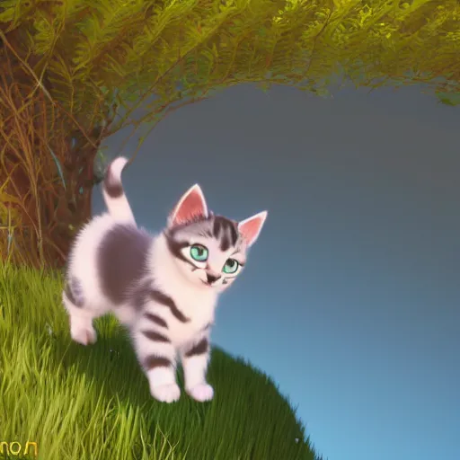 Prompt: ! dream a wholesome animation key shot of a kitten on a hill, simetrical medium shot, studio ghibli, pixar and disney animation, sharp, rendered in unreal engine 5, anime key art, bloom, dramatic lighting