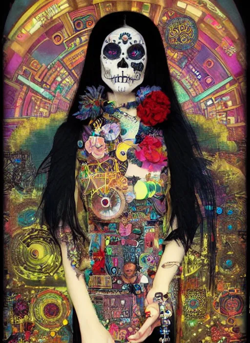 Prompt: cute punk goth fashion hippy fractal Día de los Muertos android girl wearing kimono made of circuits and leds by Zhang Jingna, psychedelic poster art by Hannah Höch Käthe Köllwitz Victor Moscoso Rick Griffin Alphonse Mucha Gustav Klimt Ayami Kojima Amano Charlie Bowater