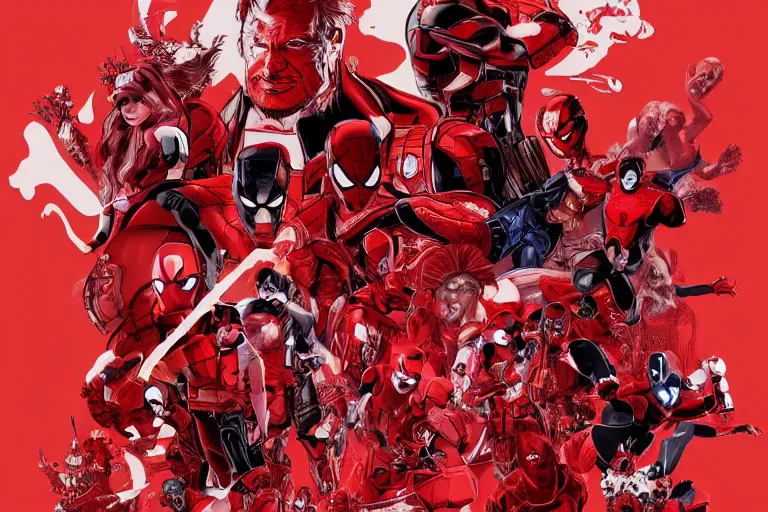 Image similar to red themed mashup with movie characters, marvel, disney, indie, highly detailed, featured on artstation, highly detailed, abstract