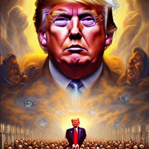 Prompt: Donald Trump as the god-emperor of mankind, epic and classy portrait, oil painting, award winning on Artstation, hyper detailed, hyper realistic, righteous wrath, by Michelangelo