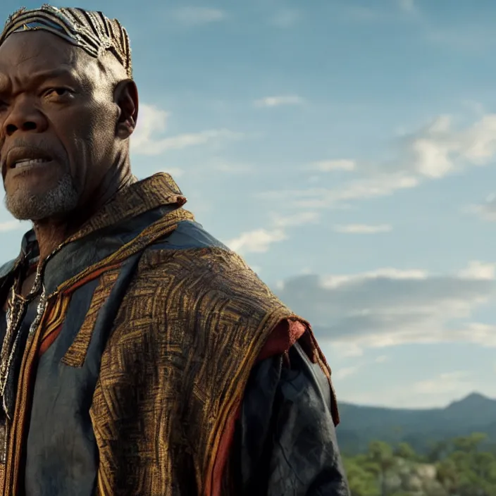 Image similar to film still of Samuel L Jackson as King T-Chaka in Black Panther, 4k