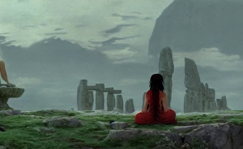 Image similar to movie still from princess mononoke ( 1 9 9 7 ) showing a highly detailed landscape with a giant long - haired buddha in lotus position with stonehenge in the background. 1 9 8 0 s science fiction, 1 9 7 0 s science fiction, cyberpunk, moody, misty, depth perception, 4 k, artstation