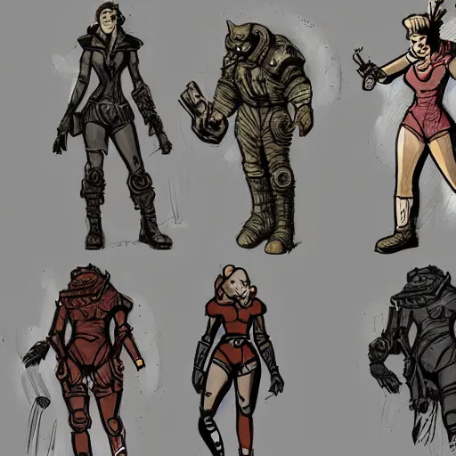 Prompt: fallout 5, concept art drawings of the opening scene, storyboard, concept art, comic style, female protagonist and feline companion, both wearing some kind of body armour, atmospheric lighting, painted, intricate, volumetric lighting, beautiful, gritty, rich deep colours masterpiece, sharp focus, ultra detailed by jack kirby, ignacio fernandez rios, thierry doizon