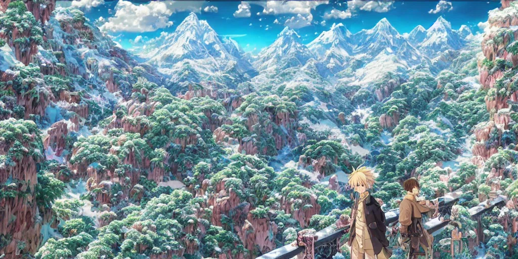 Prompt: the aesthetic view of the beautiful, grand, wistful, dreamy landscape of the peak of a snowcapped mountain, hyperrealistic digital anime painting by kim jung gi, colorful, extremely detailed, intricate linework, super sharp focus, bright colors, octopath traveler, studio ghibli, unreal engine 5 highly rendered, global illumination, radiant light, detailed and intricate environment