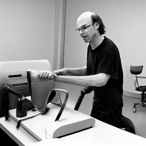 Image similar to bjarne stroustrup smashing a computer with a large mallet, photograph in an office taken in 1 9 9 5