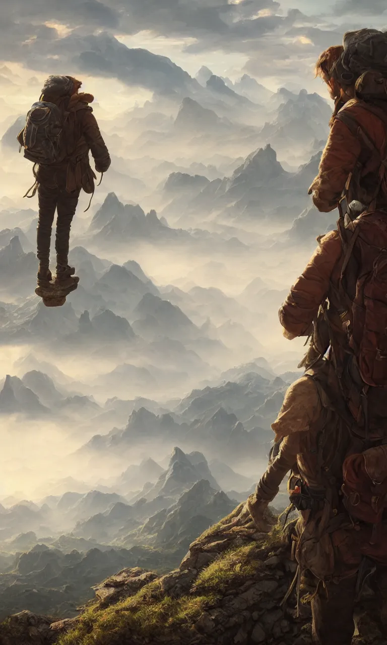 Image similar to an oil art close - up centered adventurer with a leather hiking rucksack on his back looking out to a view from a cliff looking out to a fantasy mountain landscape, 4 k, ultra detail, volumetric lighting, unreal engine, octane render, tom bagshaw, andreas rocha
