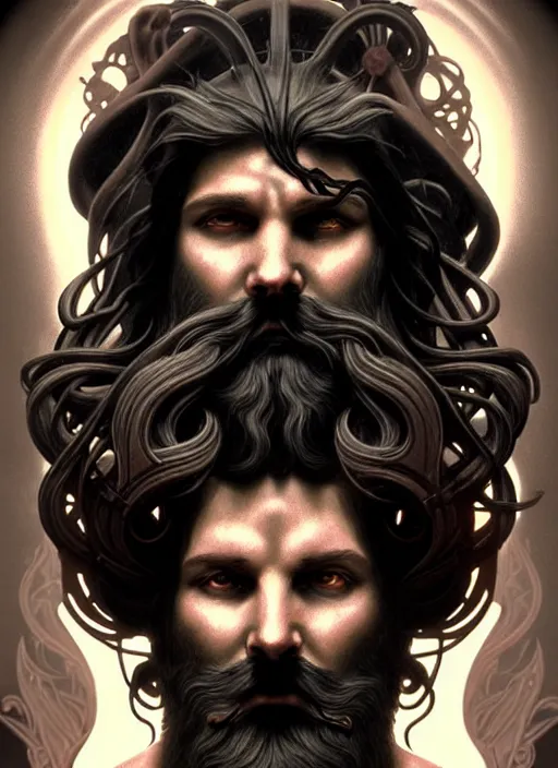 Image similar to furious god zeus, wavy black hair, bushy beard, glowing eyes, thunder forehead tattoo, volumetric lights, rose gold scheme, art nouveau botanicals, gothic, intricate, highly detailed, digital painting, artstation, concept art, smooth, sharp focus, symmetric face, illustration, steampunk, art by artgerm and greg rutkowski and alphonse mucha