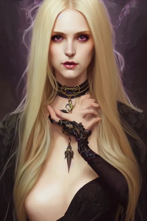 Prompt: Portrait of seductive female necromancer, D&D, revealing stylish dress, choker on neck, long blonde hair, mouth slightly open, slight nerdy smile, fantasy, intricate, elegant, highly detailed, digital painting, artstation, concept art, smooth, sharp focus, illustration, art by artgerm and greg rutkowski and alphonse mucha
