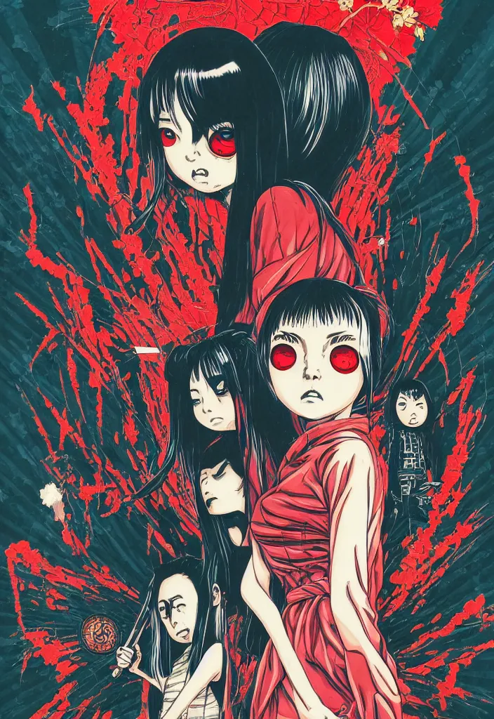 Image similar to a comic book style japanese horror poster of girl with large eyes in front of a shrine by dan mumford, yusuke murata and junji ito, blood lines, yokai, shinigami, exorcism, kami, eyes, shurikens, kanji, kaiju, 8k, unreal engine, trending on artstation, pixiv, intricate details, volumetric lighting