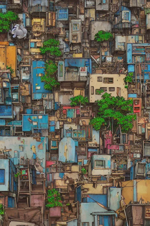 Prompt: up-shot of a scifi shanty town favela Street scenery with color full metal rooftops and wooden and concrete walls, intricate Details, illustration , in the style of Studio ghibli, tekkon kinkreet, akira, breath of the wild, myazaki, anime, clean render, denoise, rule of thirds