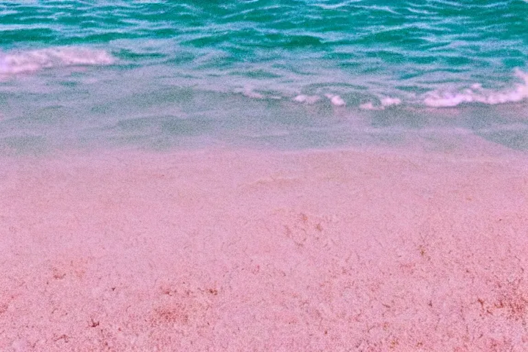 Prompt: a vintage family holiday photo of an empty beach from an alien dreamstate world with pastel pink iridescent!! sand, reflective metallic water and sunbathing equipment at dusk. refraction, volumetric, light.