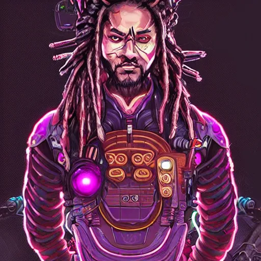 Prompt: dreadlock samurai with very intricate glowing cybernetic eyes in a rose garden at night, apex legends character digital illustration portrait design, by noah bradley and android jones in a cyberpunk style, synthwave color scheme, dramatic lighting, hero pose, wide angle dynamic portrait