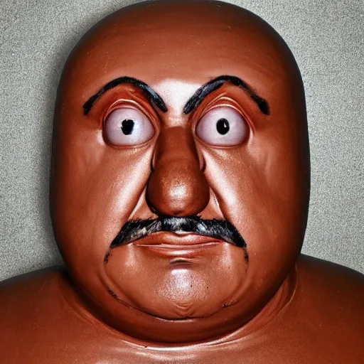 Image similar to a 53 year old man, made of chocolate. overweight, long face, wide face, chubby face, handsome, with a goatee beard, very short shaved gray hair, heavy-set lower jaw, brown eyes, wide nose