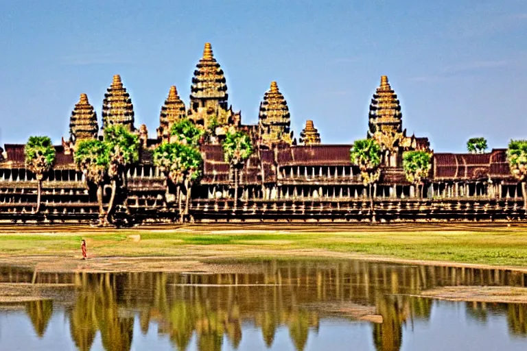 Prompt: Angkor Wat in 1253 covered in white marble and gold, surrounded by a large village, full of people, colorized historical grainy photograph, highly detailed, historically accurate