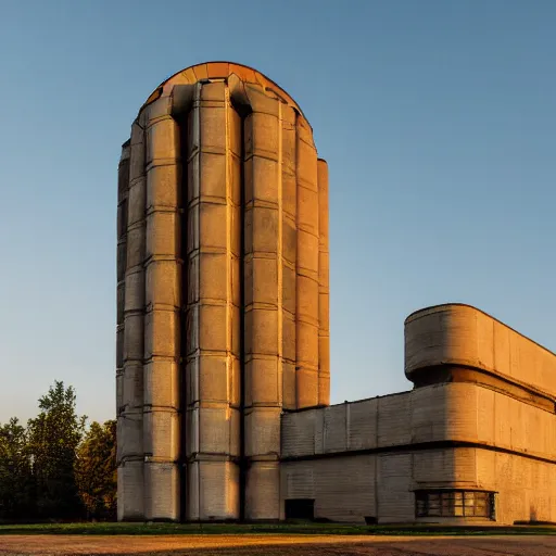 Image similar to a wide shot of a soviet beautiful brutalist monumental building, with many rounded elements sprouting from the base tower creating a feel of an organic structure, photography shot at golden hour