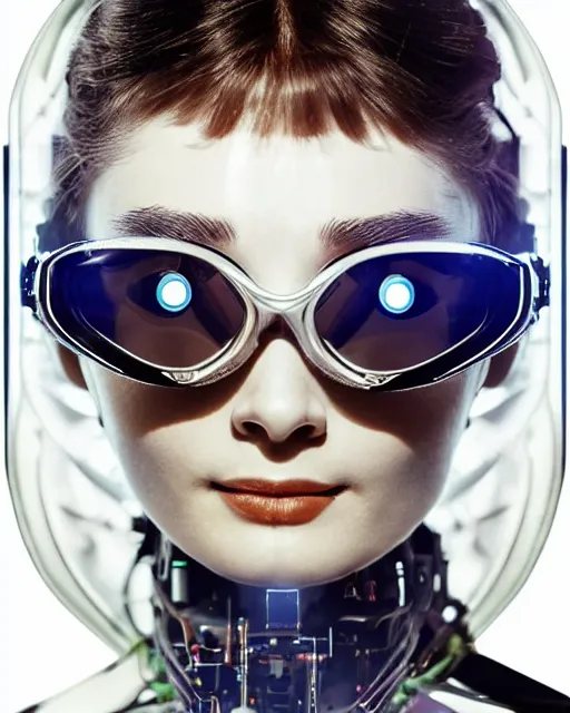 Image similar to centered portrait of soulful young audrey hepburn as a solarpunk mecha humanoid robotic parts wearing crystal goggles with bright led lights, real human face, pudica gesture bouguereau style, in white room, ultra - realistic and intricate, soft portrait shot 8 k