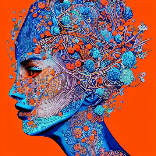 Image similar to the head of an extremely beautiful woman partially made of carrots and blueberries, an ultrafine detailed illustration by james jean, final fantasy, intricate linework, bright colors, behance contest winner, vanitas, angular, altermodern, unreal engine 5 highly rendered, global illumination, radiant light, detailed and intricate environment