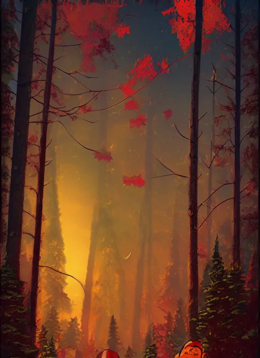 Image similar to Russian bootleg gravity falls poster, dramatic theming, mood lighting, unfortunate, hand painted cartoon art style, brutal, autumn, golden sunset, nostalgia, scenic, with text, 8k, award winning