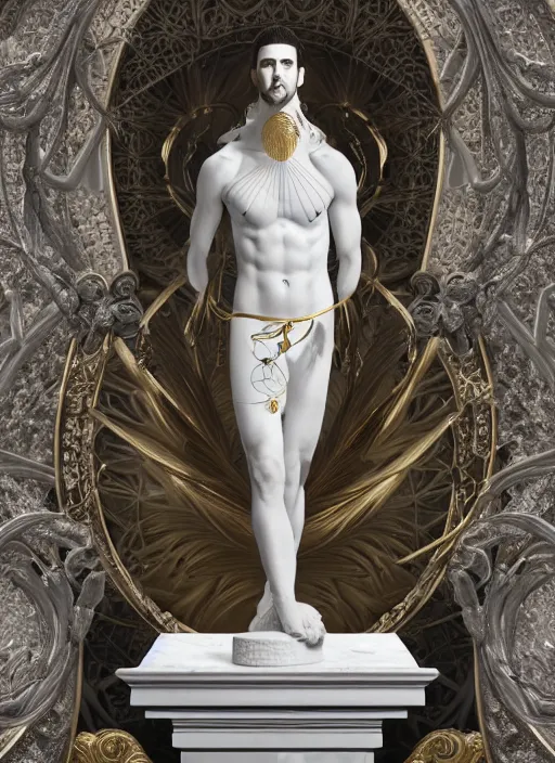 Prompt: a statue made of white marble with gold veins, of klay thompson, full body shot, perfect symmetrical body, perfect symmetrical face, hyper realistic, hyper detailed, by johannen voss, by peter kemp, by monia merlo, by michelangelo, by ernst haeckel, octane render, blender, 8 k