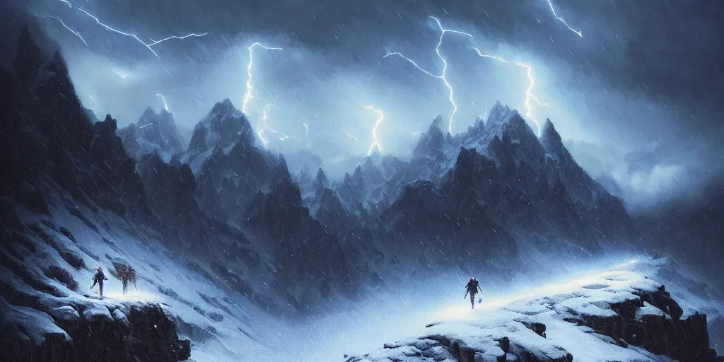 Prompt: snowy mountain trail, craggy peaks at night, lightning sky lit up, style of greg rutkowski, ominous sky, wizard battling a giant, 8 k resolution, intensely detailed oil painting, highly detailed illustration, photorealistic illustration,