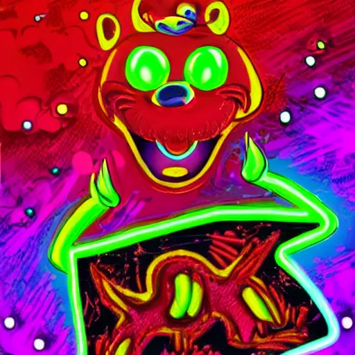 Prompt: goofy covered in blood in a dance rave, neon coloring, digital art, highly detailed