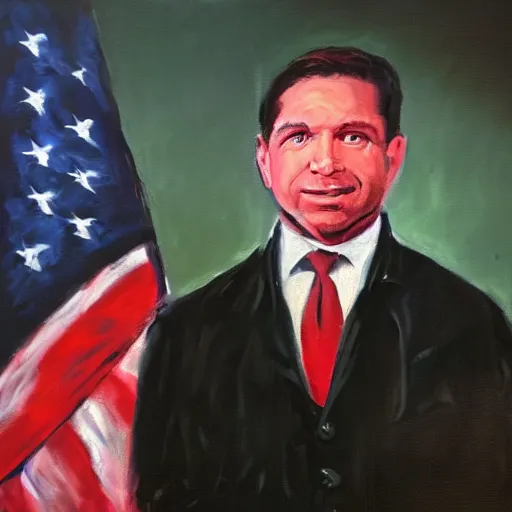 Prompt: oil painting of Ron Desantis in front of a Betsy Ross flag, dark, creepy, ominous, modern propaganda poster style