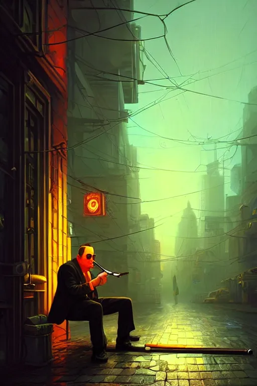 Prompt: A mafia boss lighting a cigar in a cyberpunk setting, by Evgeny Lushpin, dramatic lighting, high contrast colours, as trending on Artstation, highly detailed,