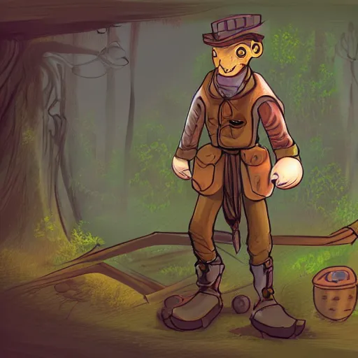 Prompt: character design concept art of the main character of a platformer game, located in a magical forest with steampunk machines abandoned. The main character is humanoid and uses a rope to move around. In the background you can see the forest, digital drawing, procreate, Low saturation, brown tones