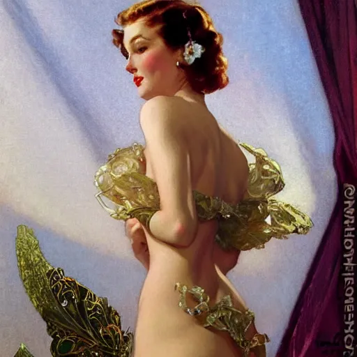 Image similar to portrait of a beautiful woman, intricate, elegant, highly detailed, by gil elvgren, greg manchess, mucha