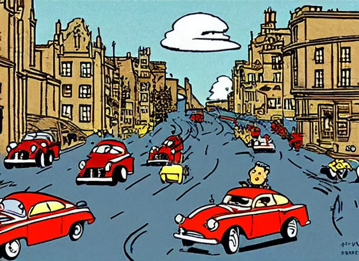 Image similar to hotrods driving down a street , vintage, highly detailed, by Hergé