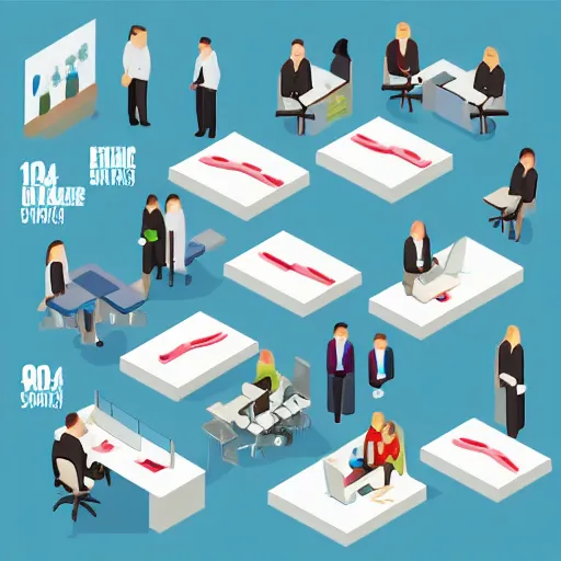 Prompt: workspace isometric infographic with desks, people and meeting rooms